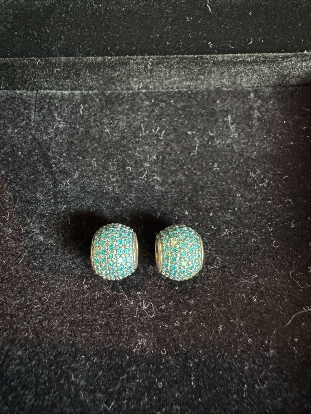 Pair of Pandora Teal Pavé Round Spacer Beads, 925 Sterling Silver.